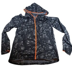 Nike Packable Hooded Running Jacket Black Gray‎ Abstract Print Orange Trim - L